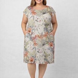 Lungo L'Arno Dress Womens 2X Beige Floral Shift Knee Length Linen Cotton